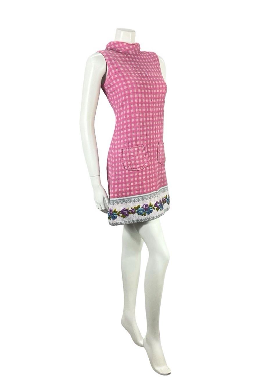 VTG 60S PINK GREY MOD GOGO GEOMETRIC FLORAL TOWELLING SHIFT DRESS 8