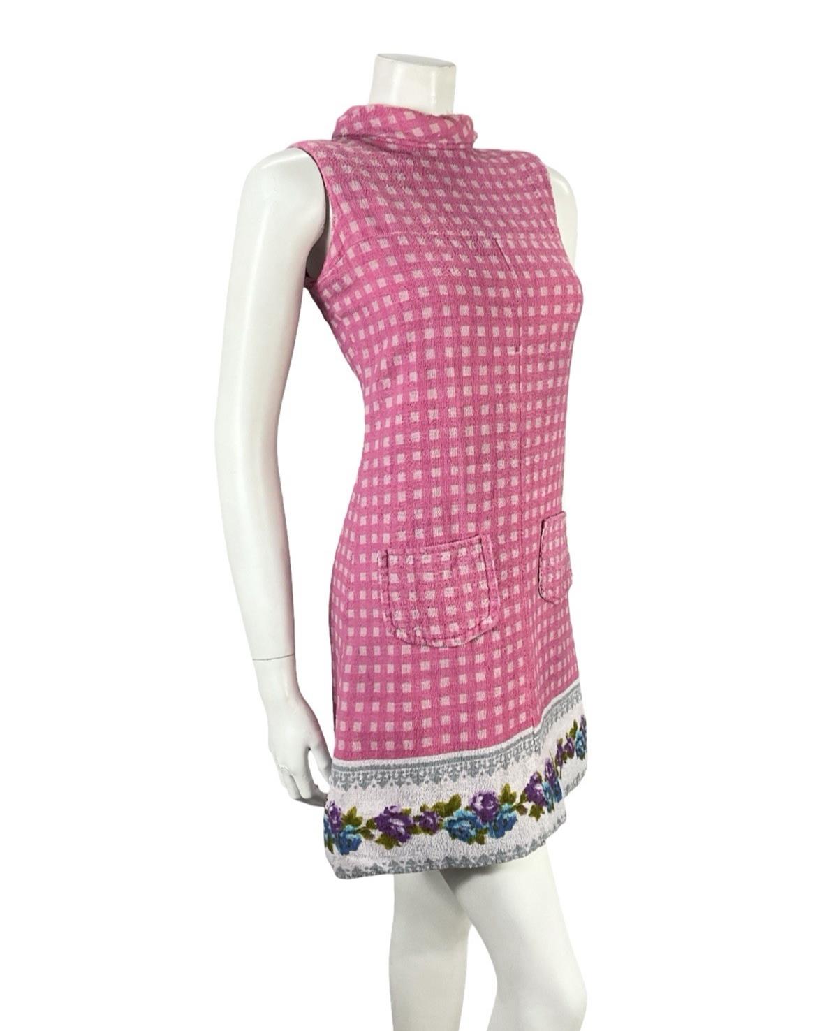 VTG 60S PINK GREY MOD GOGO GEOMETRIC FLORAL TOWELLING SHIFT DRESS 8