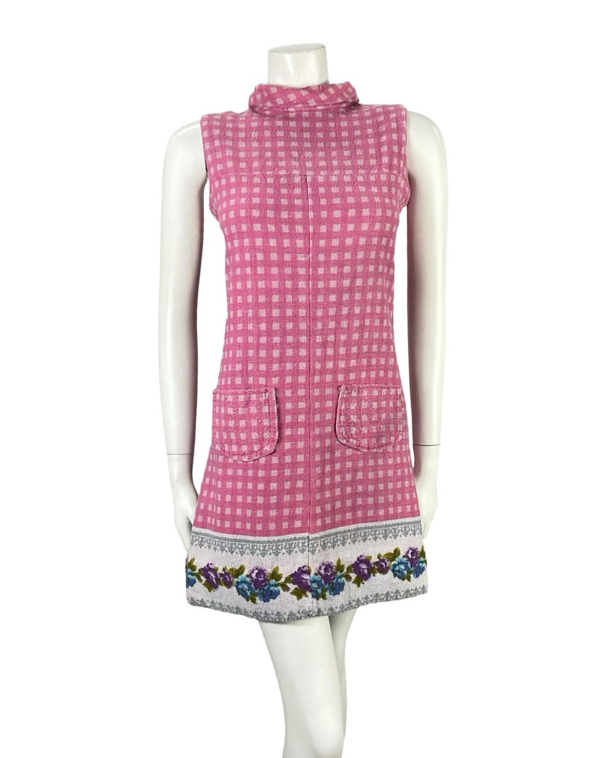 VTG 60S PINK GREY MOD GOGO GEOMETRIC FLORAL TOWELLING SHIFT DRESS 8