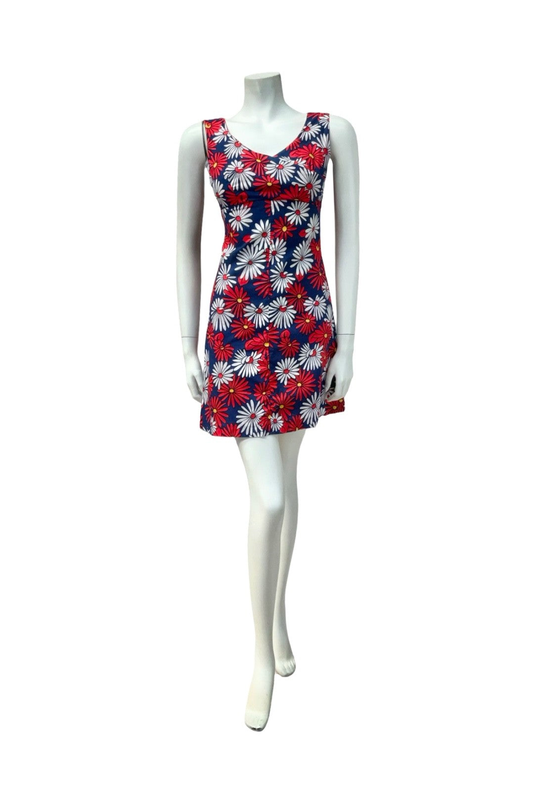 VTG 60S 70S RED WHITE BLUE DAISY FLORAL EMPIRE MOD GOGO MINI DRESS XS 6