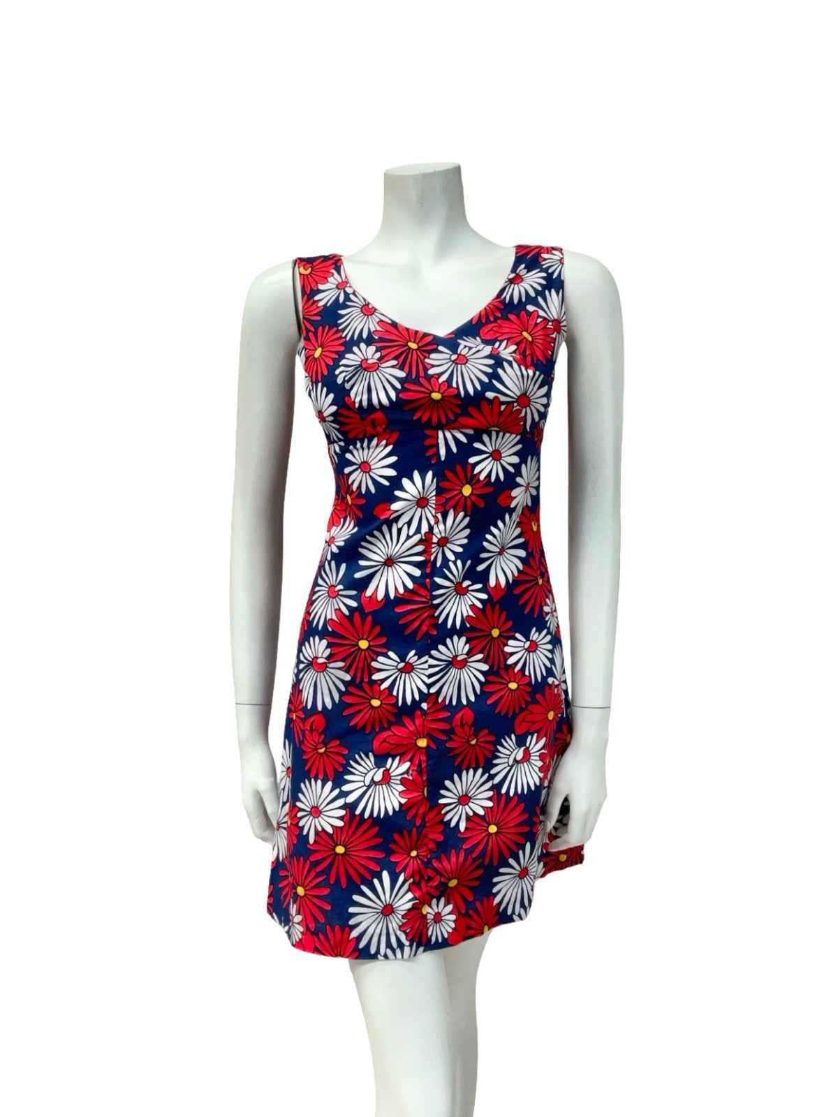 VTG 60S 70S RED WHITE BLUE DAISY FLORAL EMPIRE MOD GOGO MINI DRESS XS 6