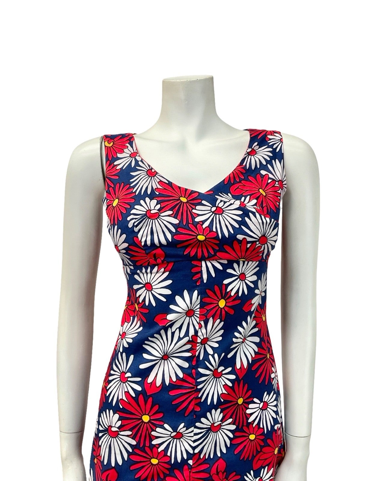 VTG 60S 70S RED WHITE BLUE DAISY FLORAL EMPIRE MOD GOGO MINI DRESS XS 6