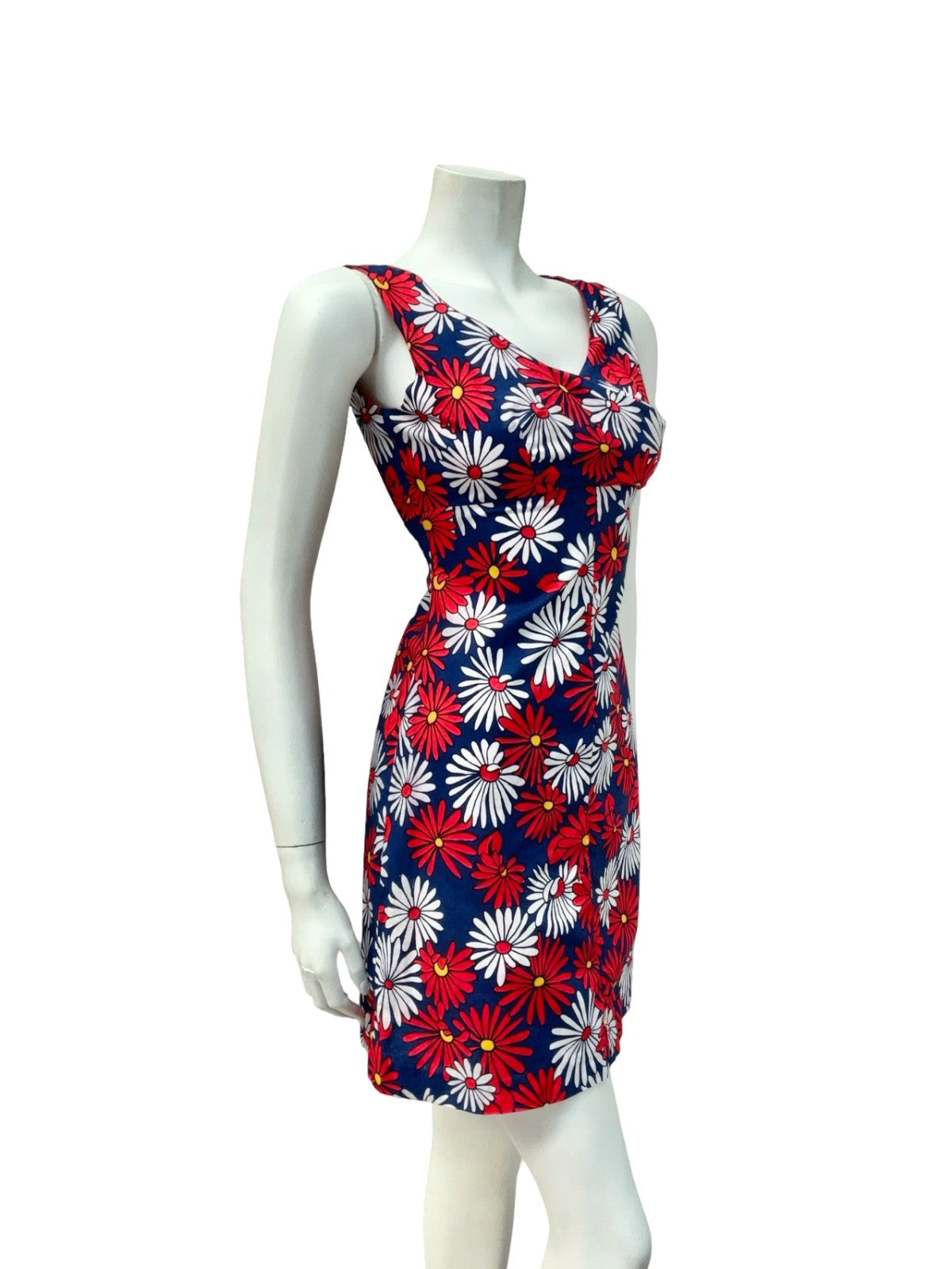 VTG 60S 70S RED WHITE BLUE DAISY FLORAL EMPIRE MOD GOGO MINI DRESS XS 6