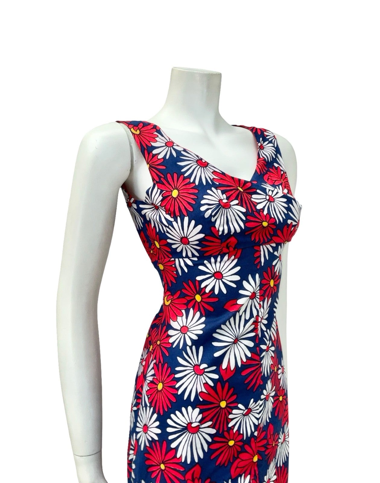 VTG 60S 70S RED WHITE BLUE DAISY FLORAL EMPIRE MOD GOGO MINI DRESS XS 6