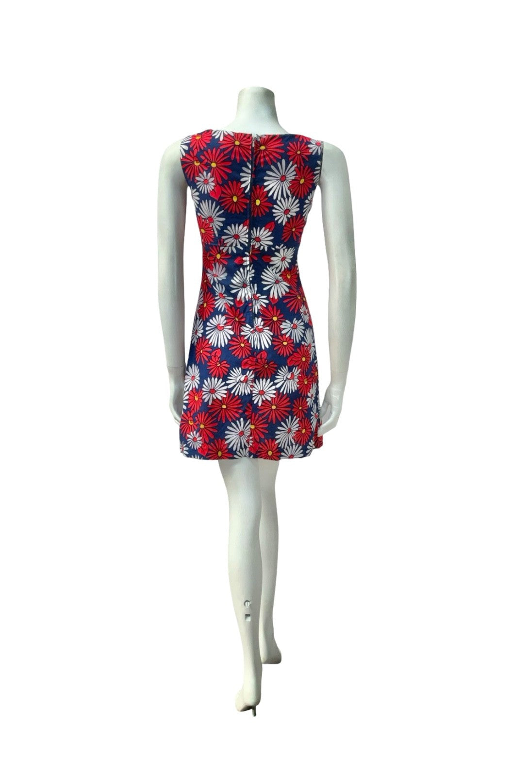 VTG 60S 70S RED WHITE BLUE DAISY FLORAL EMPIRE MOD GOGO MINI DRESS XS 6