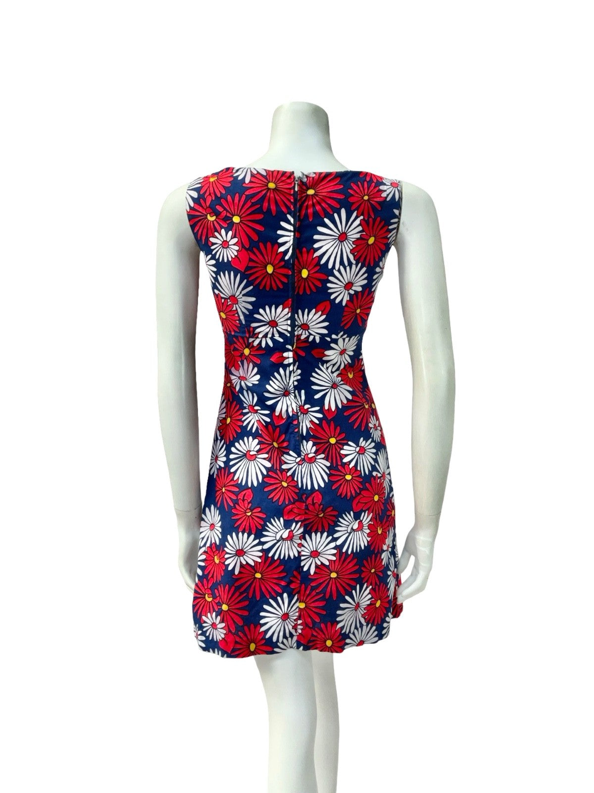 VTG 60S 70S RED WHITE BLUE DAISY FLORAL EMPIRE MOD GOGO MINI DRESS XS 6