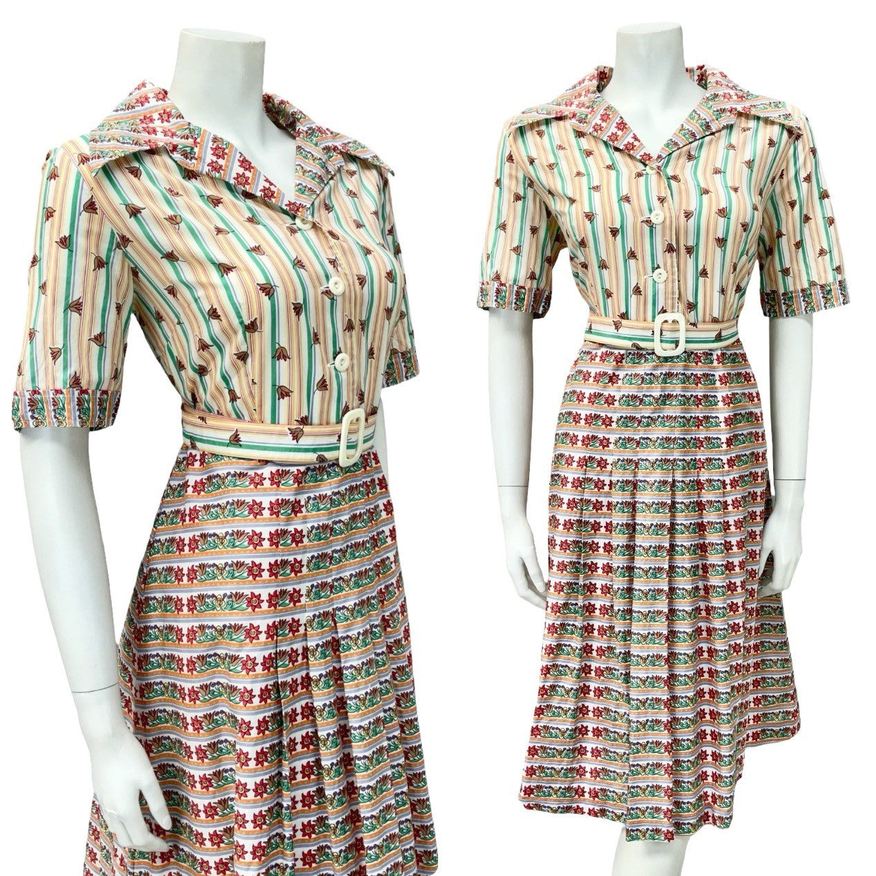 VTG 70S PURPLE YELLOW RED WHITE STRIPED FLORAL DAGGER BELTE SHIRT DRESS 12 14