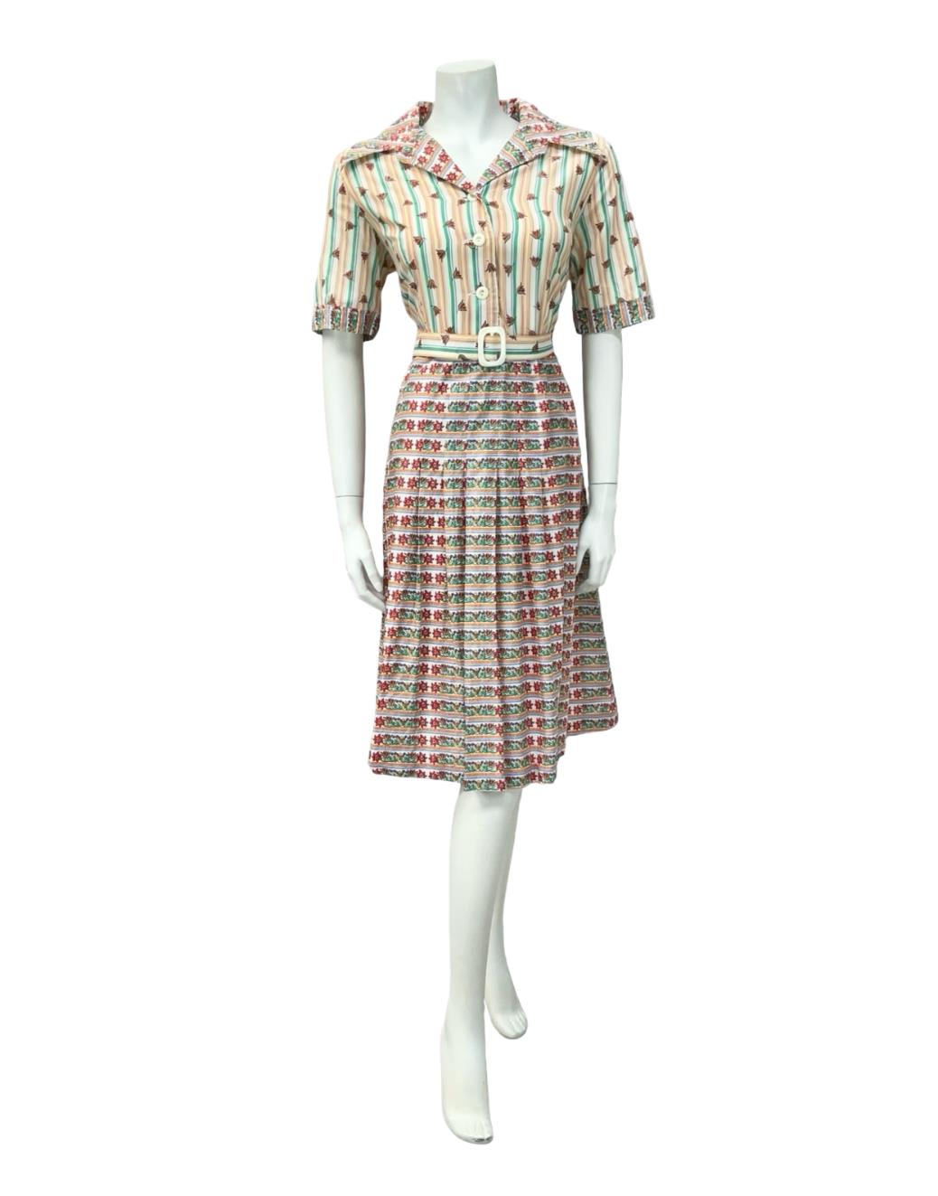 VTG 70S PURPLE YELLOW RED WHITE STRIPED FLORAL DAGGER BELTE SHIRT DRESS 12 14