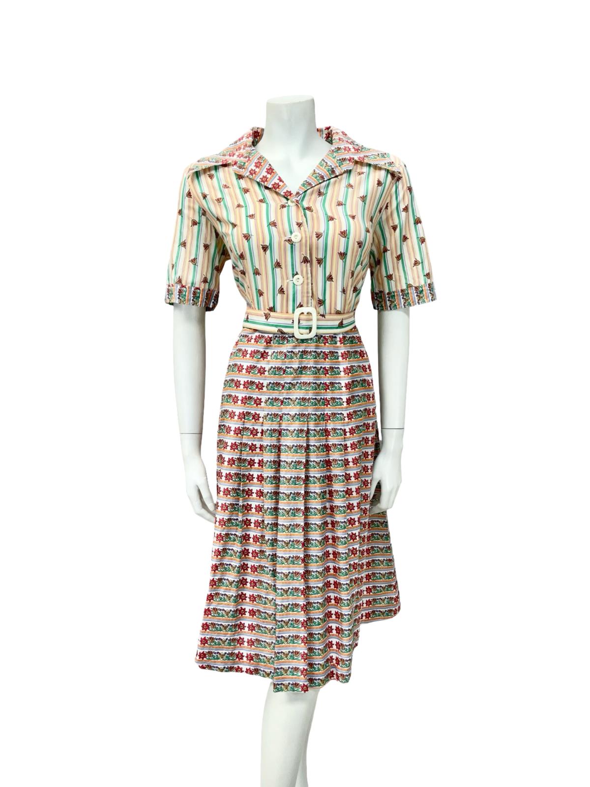 VTG 70S PURPLE YELLOW RED WHITE STRIPED FLORAL DAGGER BELTE SHIRT DRESS 12 14