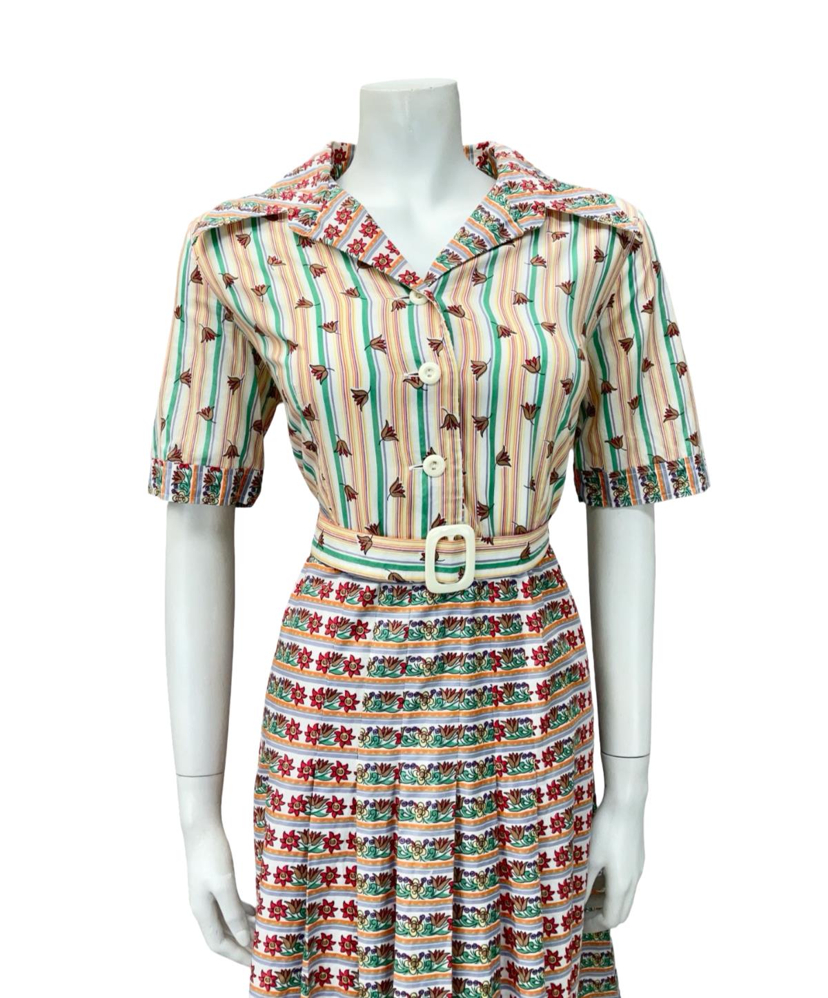 VTG 70S PURPLE YELLOW RED WHITE STRIPED FLORAL DAGGER BELTE SHIRT DRESS 12 14