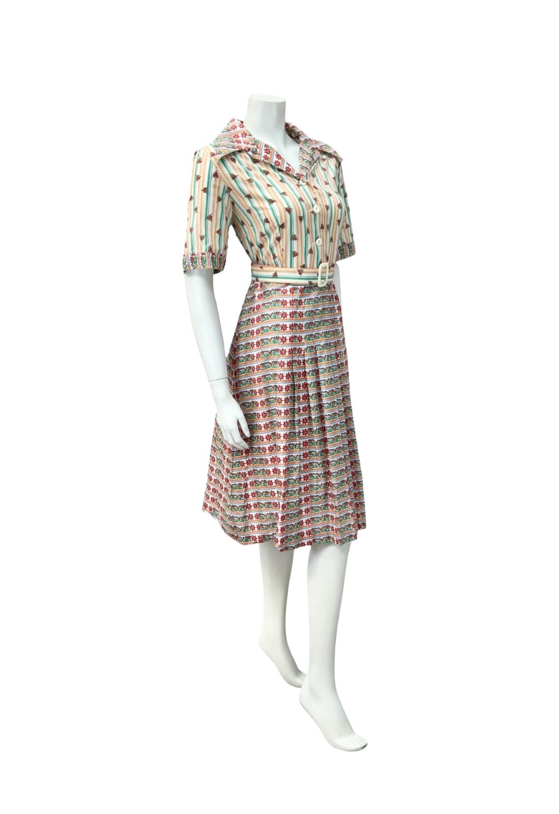 VTG 70S PURPLE YELLOW RED WHITE STRIPED FLORAL DAGGER BELTE SHIRT DRESS 12 14