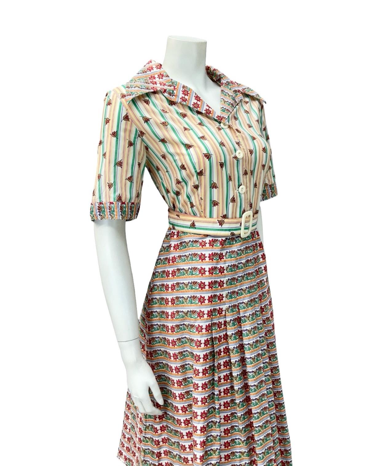 VTG 70S PURPLE YELLOW RED WHITE STRIPED FLORAL DAGGER BELTE SHIRT DRESS 12 14