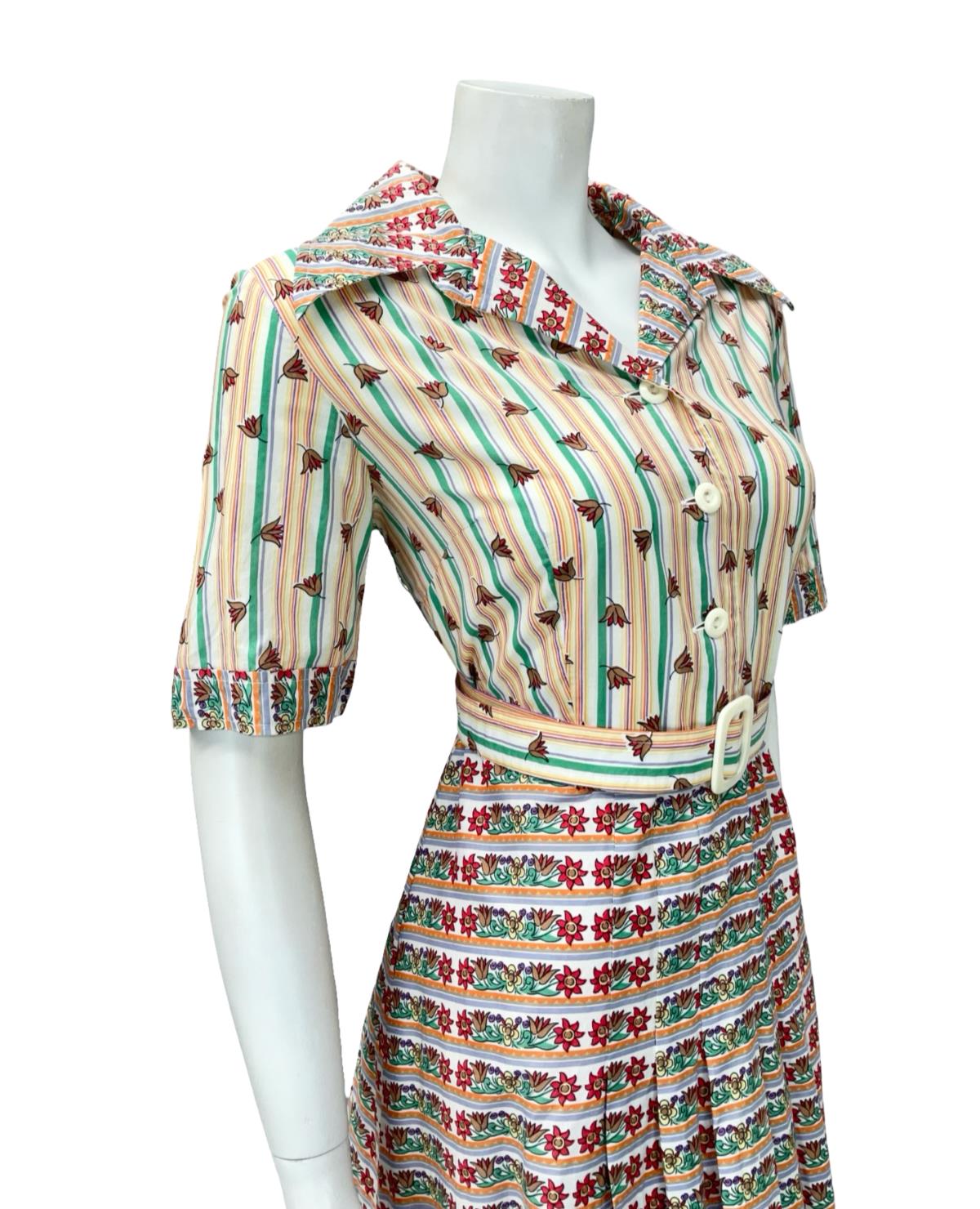 VTG 70S PURPLE YELLOW RED WHITE STRIPED FLORAL DAGGER BELTE SHIRT DRESS 12 14