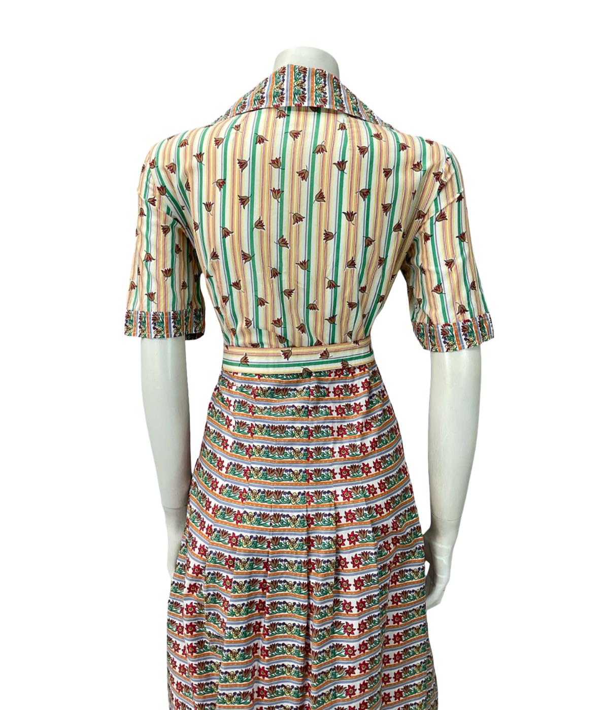 VTG 70S PURPLE YELLOW RED WHITE STRIPED FLORAL DAGGER BELTE SHIRT DRESS 12 14