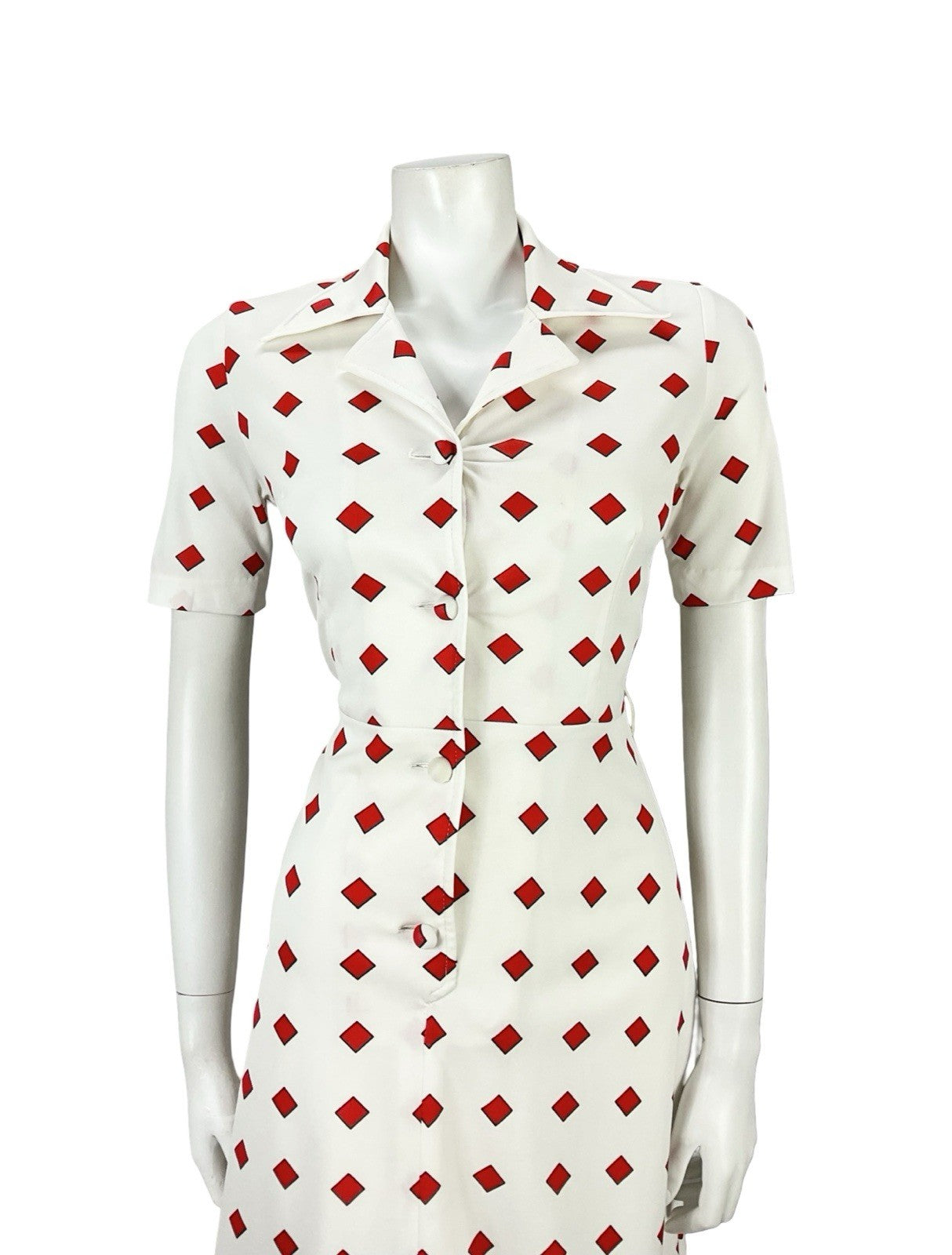 VTG 60S 70S RED WHITE GEOMETRIC SQUARE DAGGER NOTCH LAPEL SHIRT DRESS 8 10 S