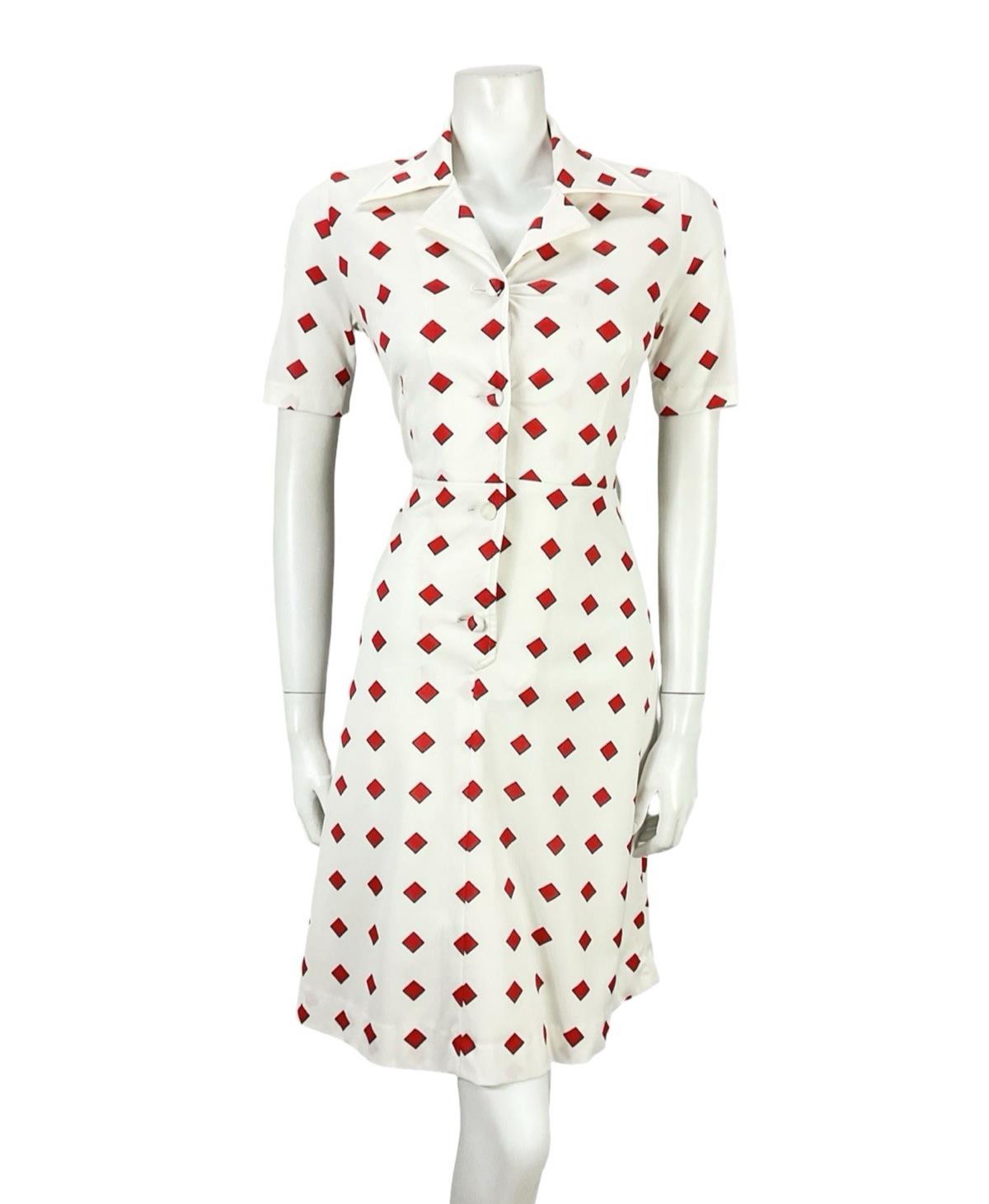 VTG 60S 70S RED WHITE GEOMETRIC SQUARE DAGGER NOTCH LAPEL SHIRT DRESS 8 10 S