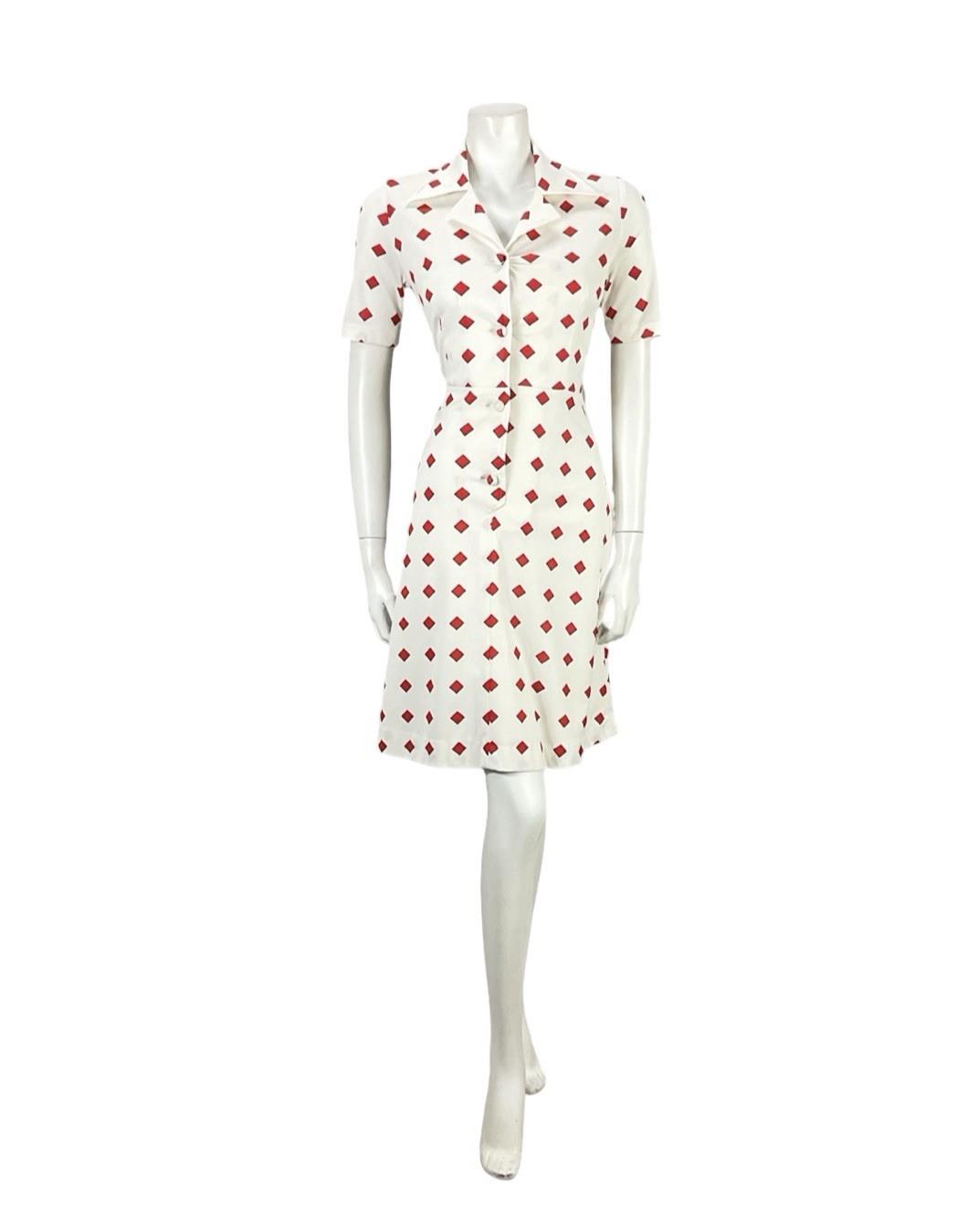 VTG 60S 70S RED WHITE GEOMETRIC SQUARE DAGGER NOTCH LAPEL SHIRT DRESS 8 10 S