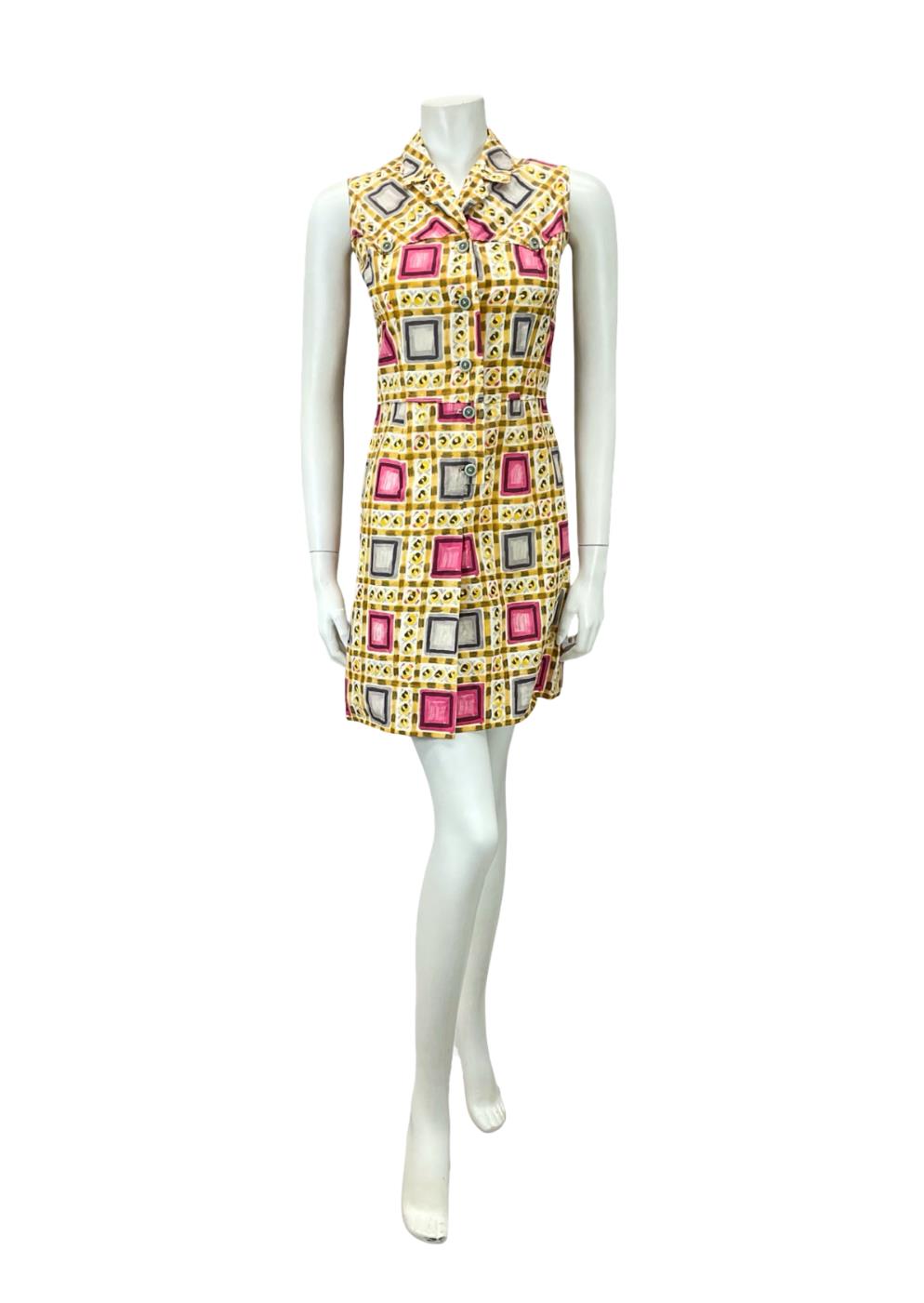 VTG 60S 70S YELLOW PINK GREY GEOMETRIC MOD PLEAT COTOTN SHIRT DRESS XS 6