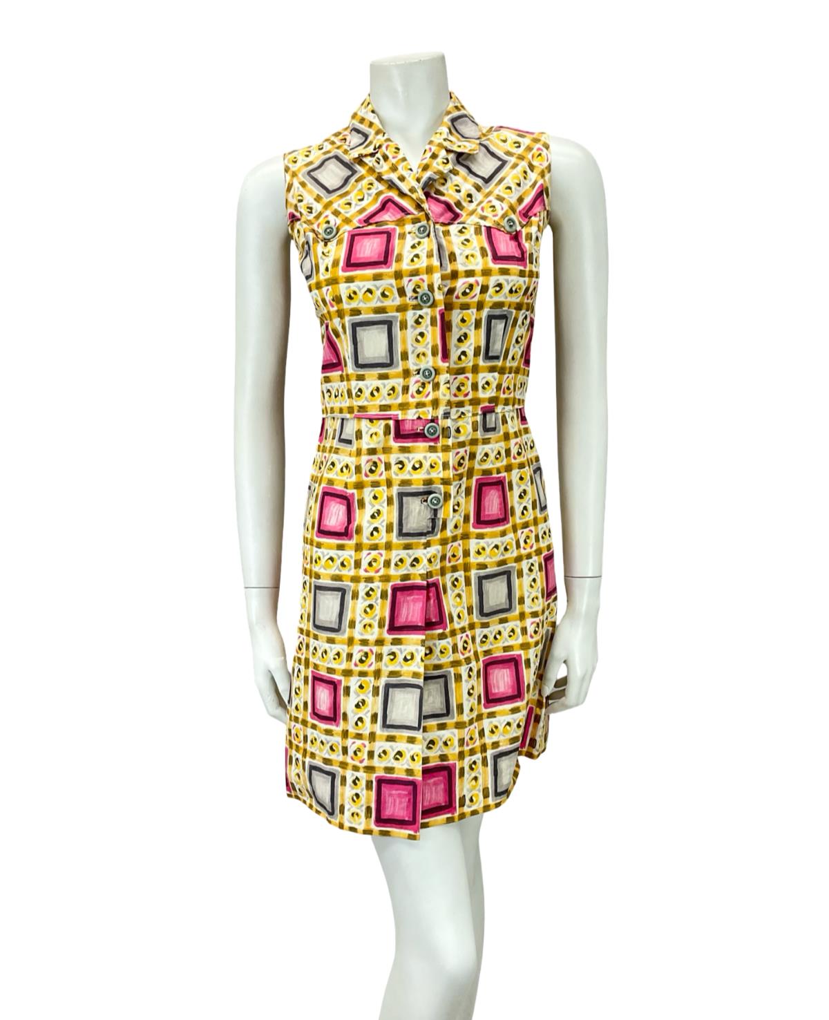 VTG 60S 70S YELLOW PINK GREY GEOMETRIC MOD PLEAT COTOTN SHIRT DRESS XS 6