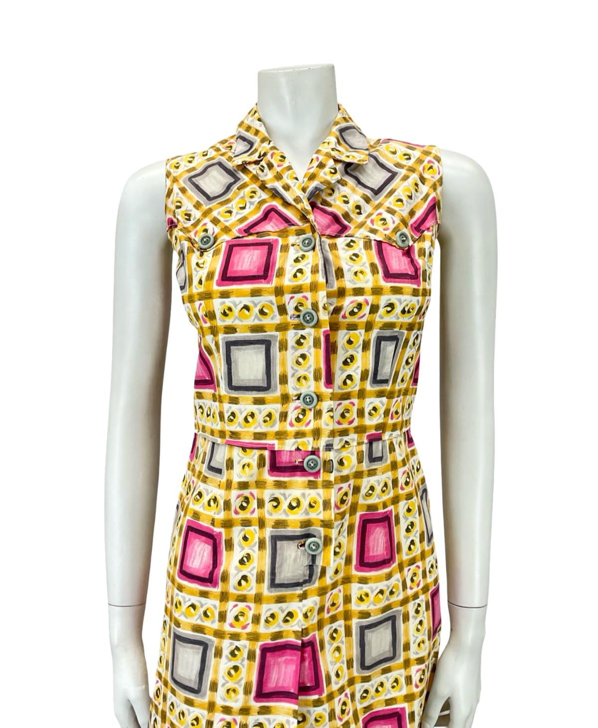 VTG 60S 70S YELLOW PINK GREY GEOMETRIC MOD PLEAT COTOTN SHIRT DRESS XS 6