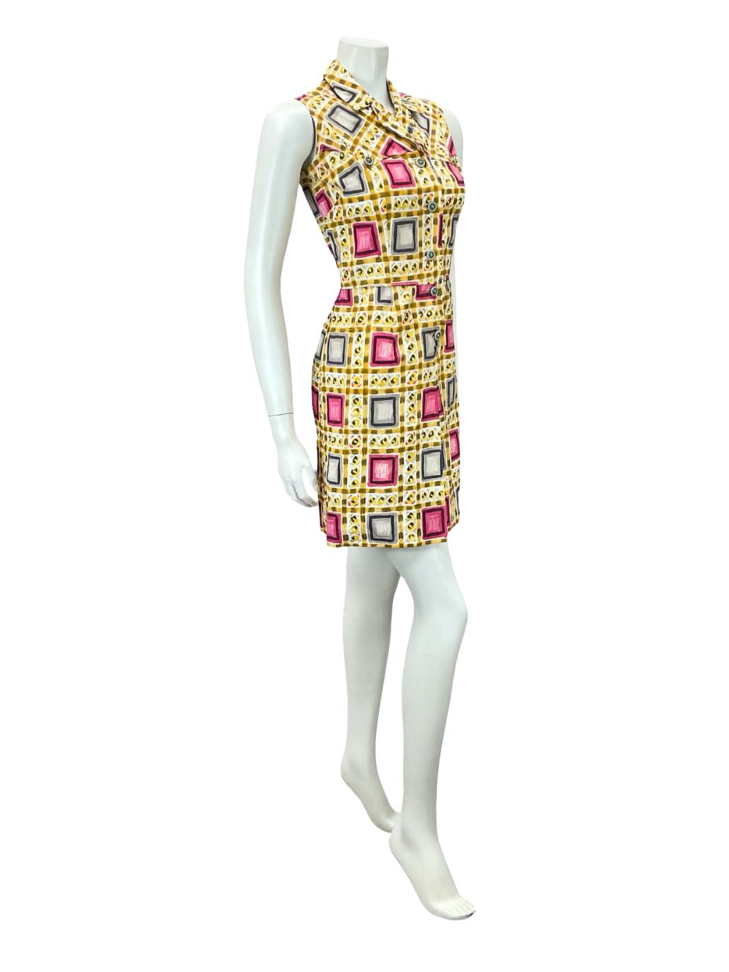 VTG 60S 70S YELLOW PINK GREY GEOMETRIC MOD PLEAT COTOTN SHIRT DRESS XS 6