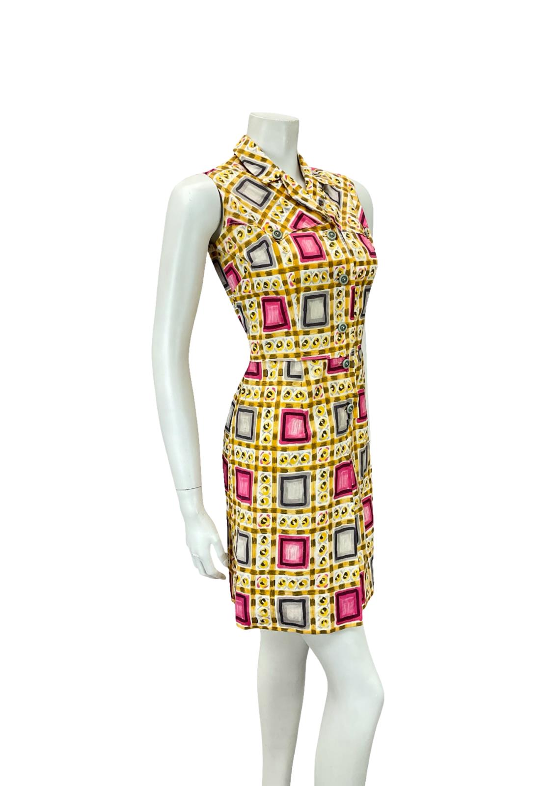 VTG 60S 70S YELLOW PINK GREY GEOMETRIC MOD PLEAT COTOTN SHIRT DRESS XS 6