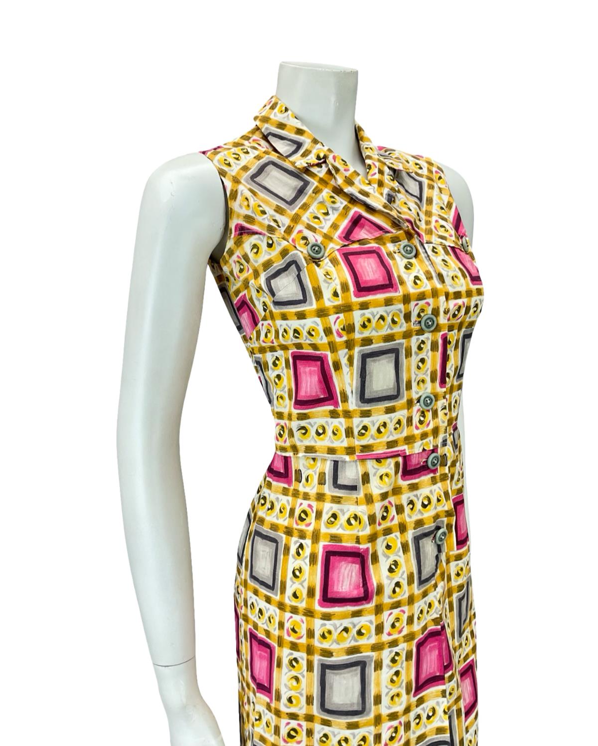 VTG 60S 70S YELLOW PINK GREY GEOMETRIC MOD PLEAT COTOTN SHIRT DRESS XS 6