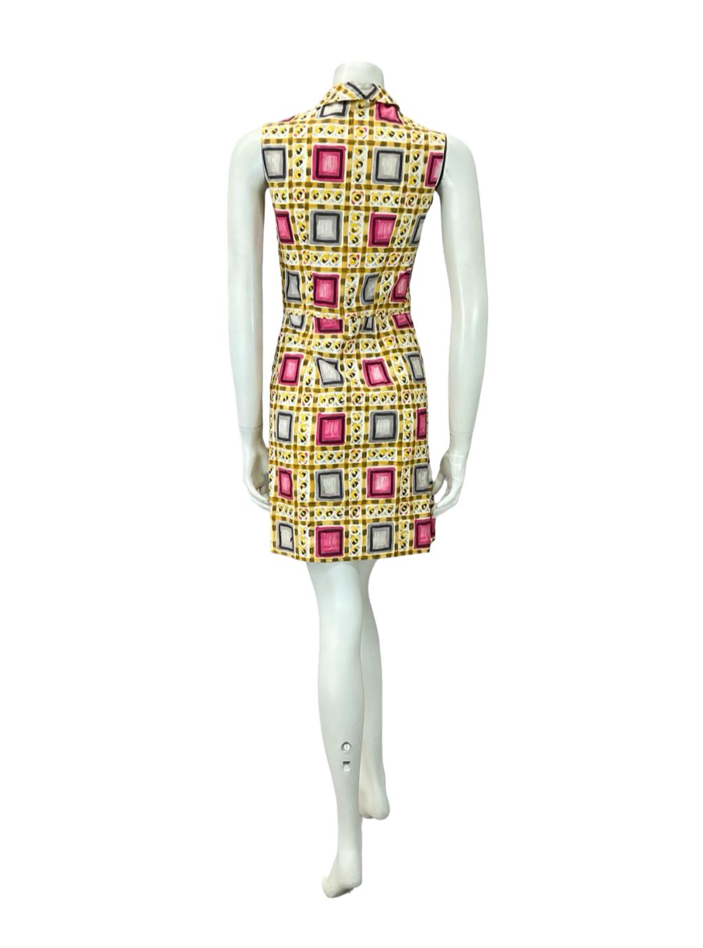 VTG 60S 70S YELLOW PINK GREY GEOMETRIC MOD PLEAT COTOTN SHIRT DRESS XS 6