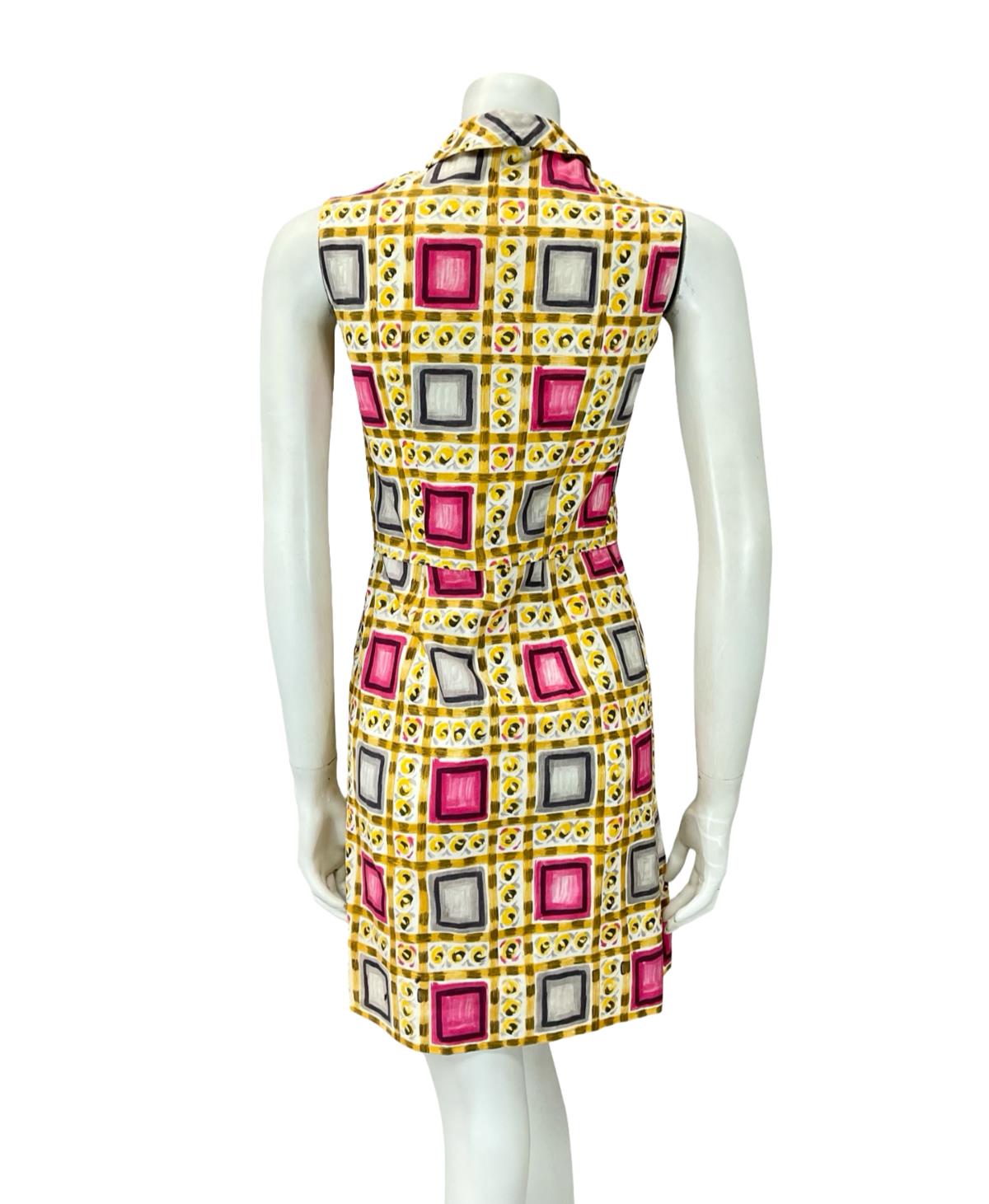 VTG 60S 70S YELLOW PINK GREY GEOMETRIC MOD PLEAT COTOTN SHIRT DRESS XS 6
