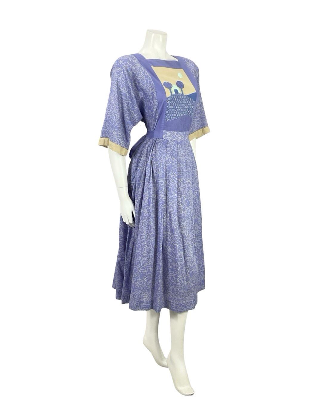 VTG 70S PURPLE BEIGE GEOMETRIC BOHO LANDSCAPE APPLIQUE SMOCK PLEATED DRESS 12