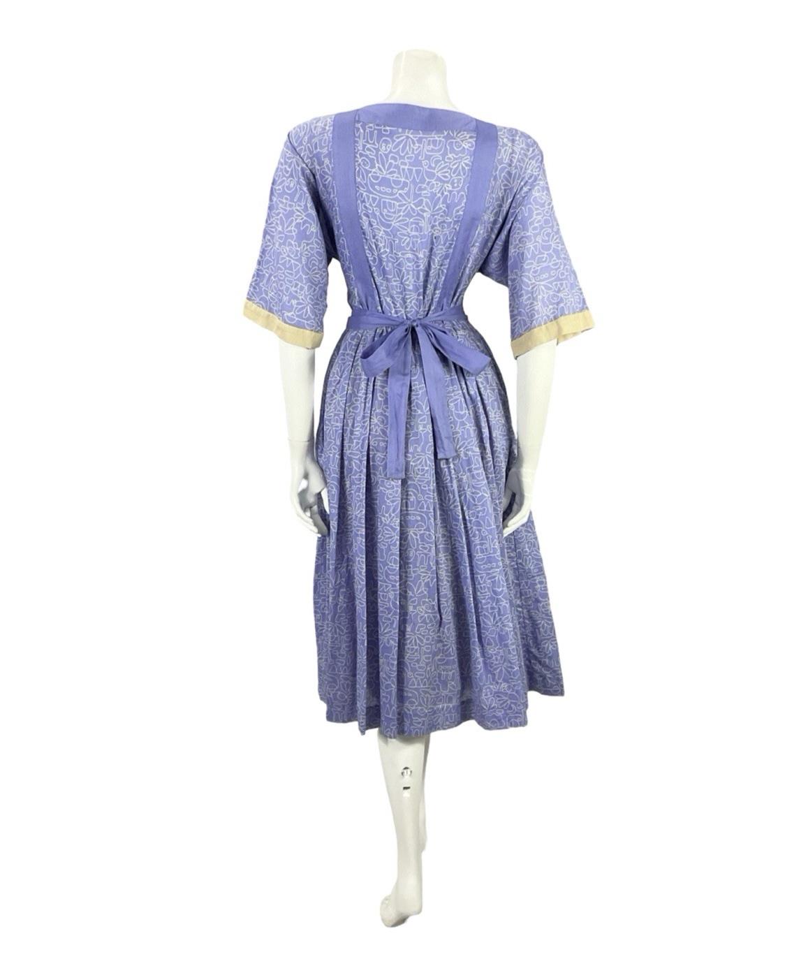 VTG 70S PURPLE BEIGE GEOMETRIC BOHO LANDSCAPE APPLIQUE SMOCK PLEATED DRESS 12