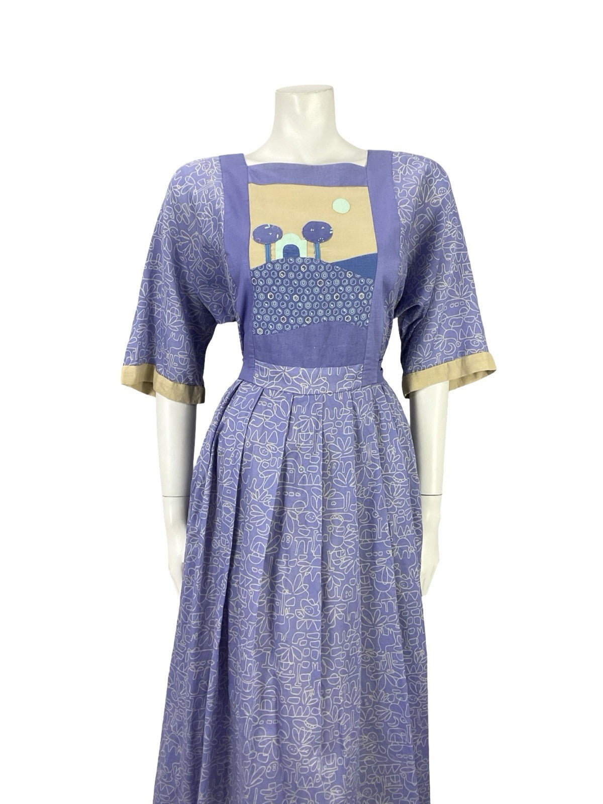 VTG 70S PURPLE BEIGE GEOMETRIC BOHO LANDSCAPE APPLIQUE SMOCK PLEATED DRESS 12