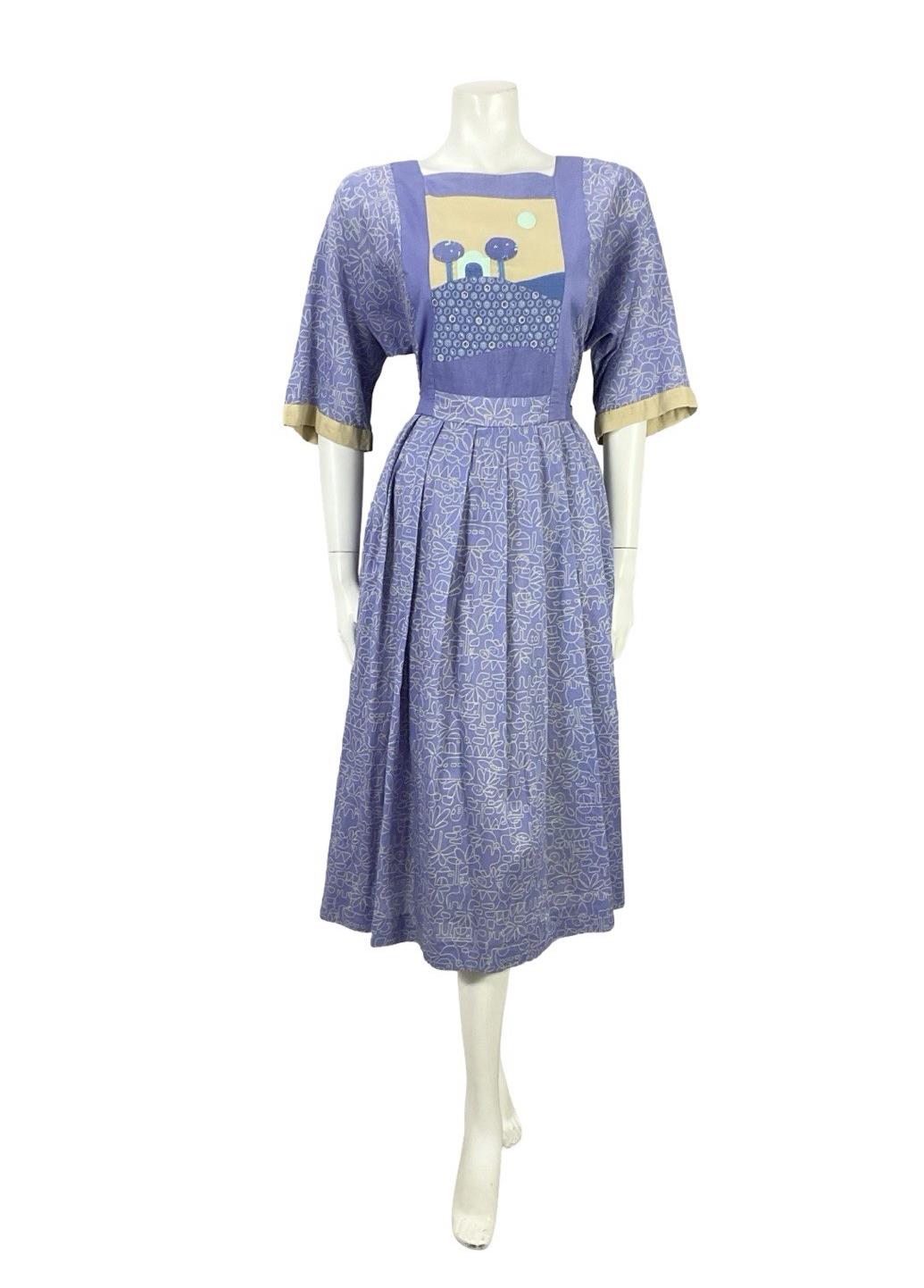 VTG 70S PURPLE BEIGE GEOMETRIC BOHO LANDSCAPE APPLIQUE SMOCK PLEATED DRESS 12