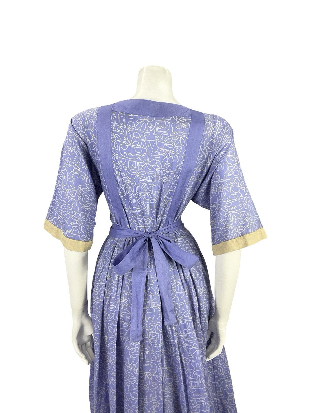 VTG 70S PURPLE BEIGE GEOMETRIC BOHO LANDSCAPE APPLIQUE SMOCK PLEATED DRESS 12