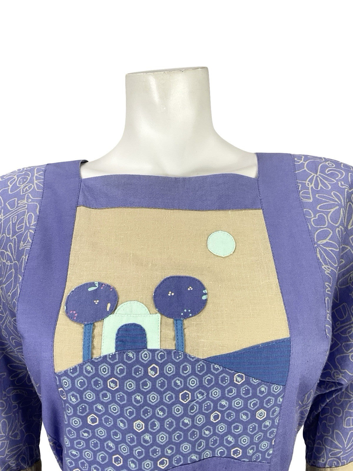 VTG 70S PURPLE BEIGE GEOMETRIC BOHO LANDSCAPE APPLIQUE SMOCK PLEATED DRESS 12