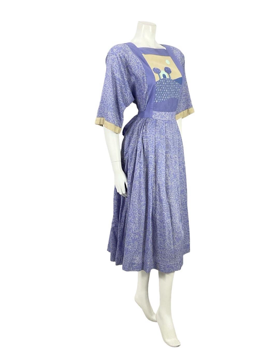 VTG 70S PURPLE BEIGE GEOMETRIC BOHO LANDSCAPE APPLIQUE SMOCK PLEATED DRESS 12
