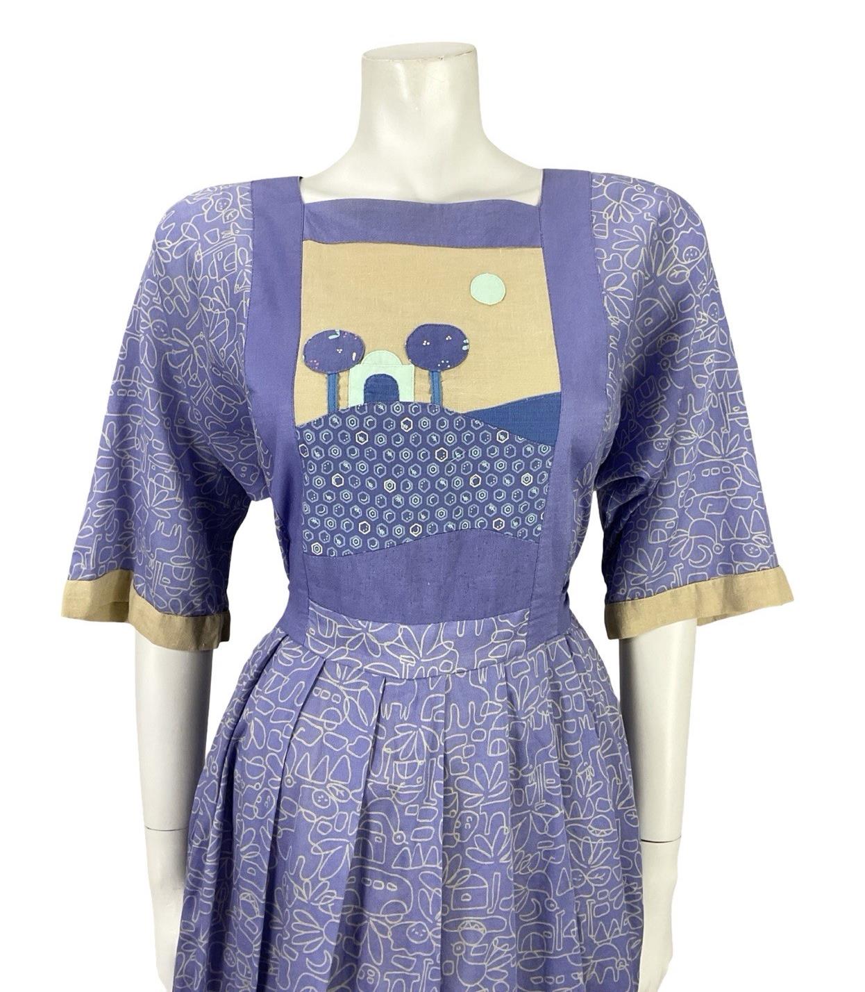 VTG 70S PURPLE BEIGE GEOMETRIC BOHO LANDSCAPE APPLIQUE SMOCK PLEATED DRESS 12