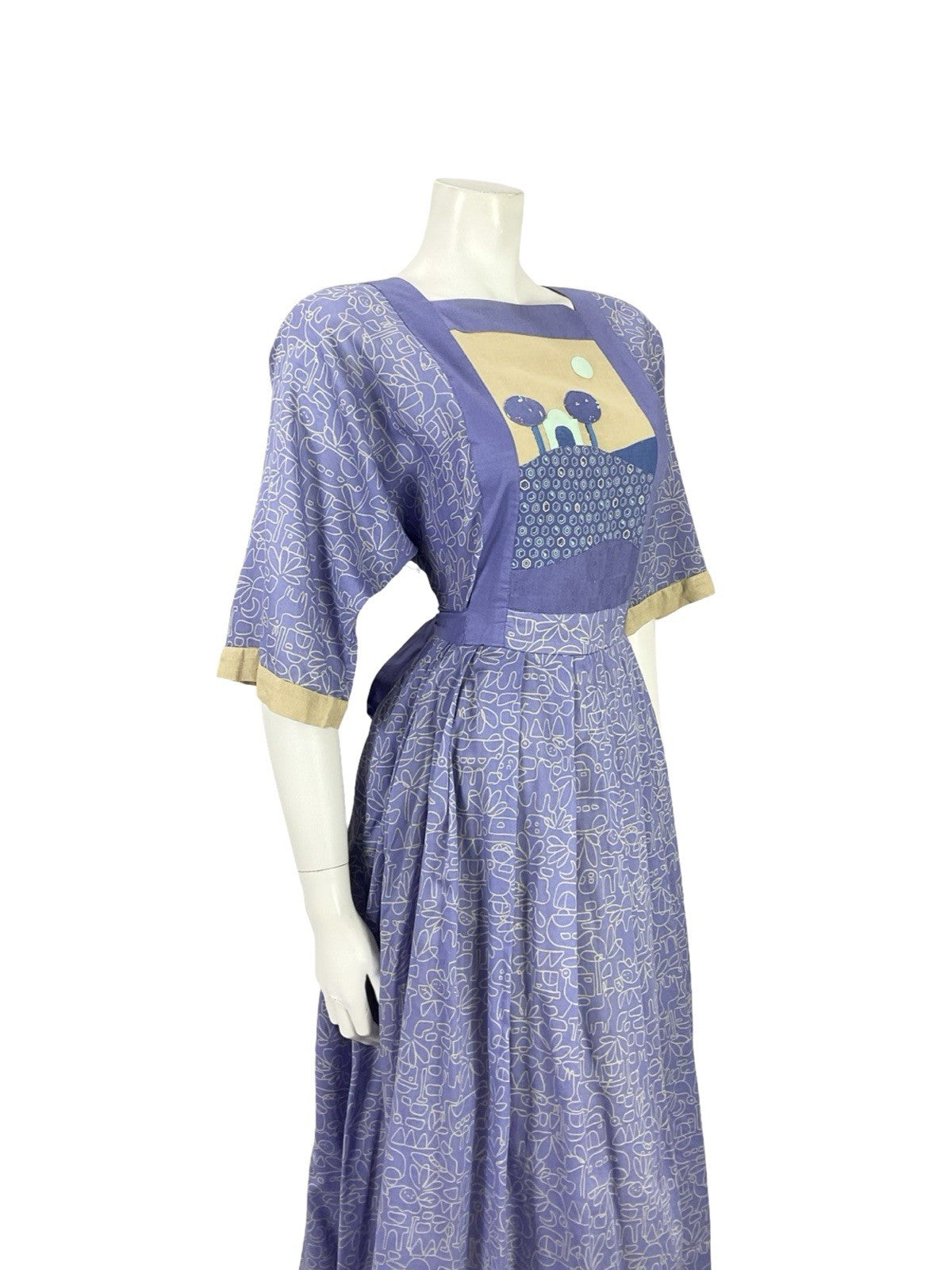 VTG 70S PURPLE BEIGE GEOMETRIC BOHO LANDSCAPE APPLIQUE SMOCK PLEATED DRESS 12