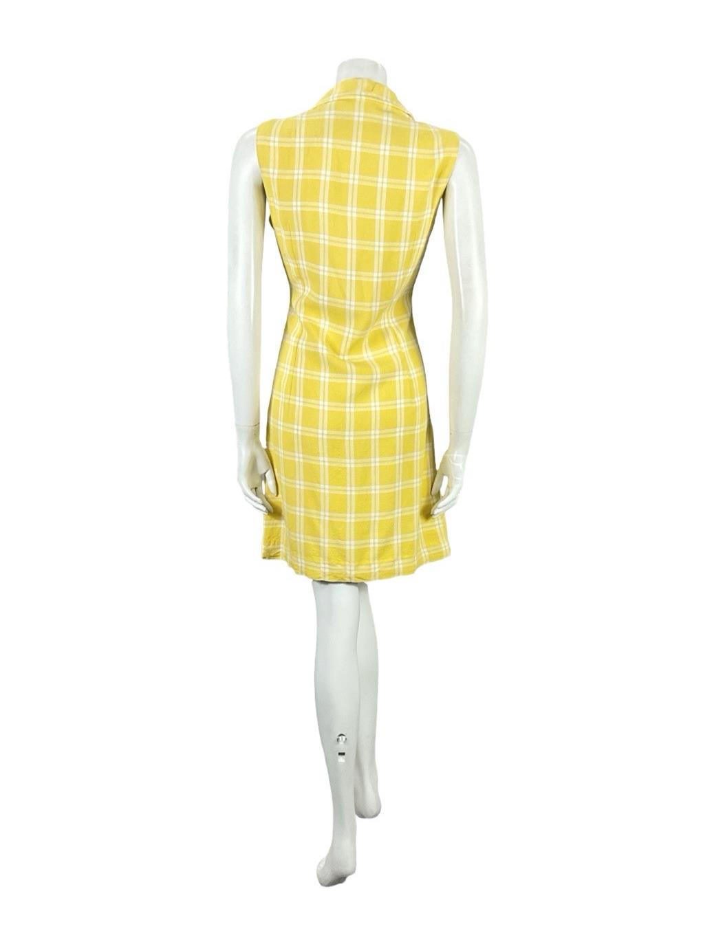 VTG 60S YELLOW WHITE PLAID MOD SHIFT DAGGER NOTCH LAPEL MINI SHIRT DRESS 10