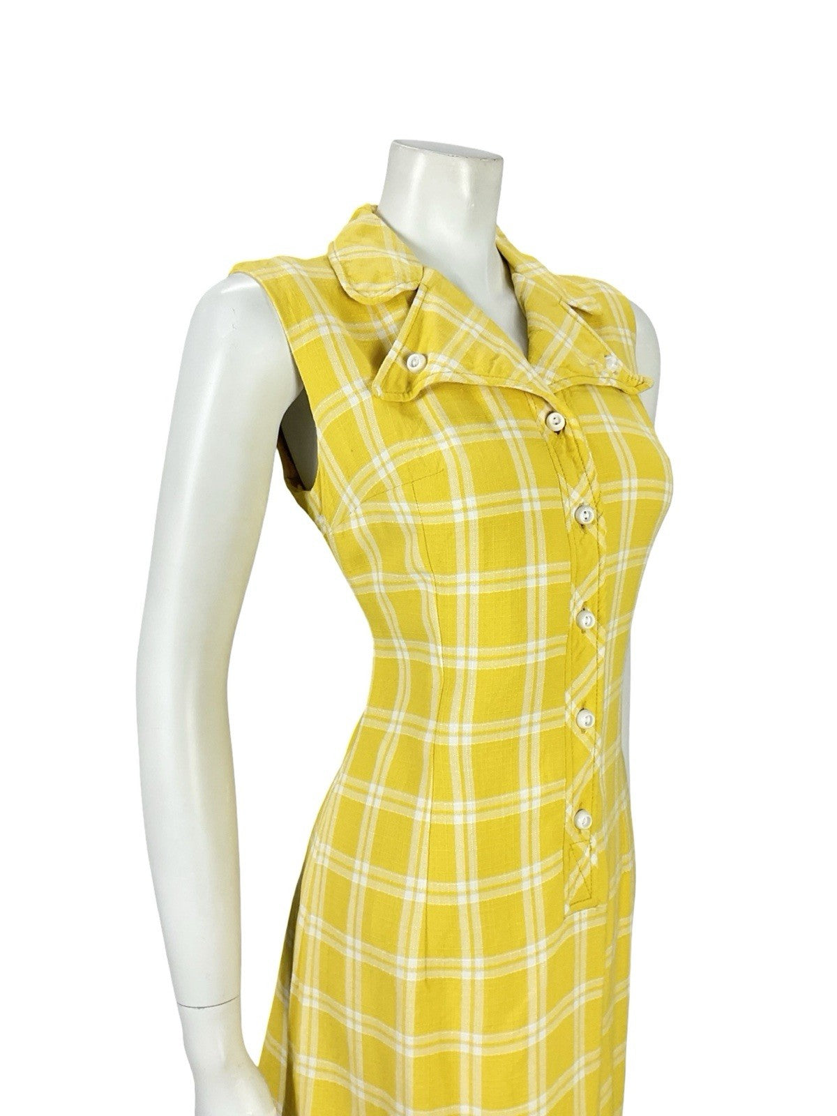 VTG 60S YELLOW WHITE PLAID MOD SHIFT DAGGER NOTCH LAPEL MINI SHIRT DRESS 10