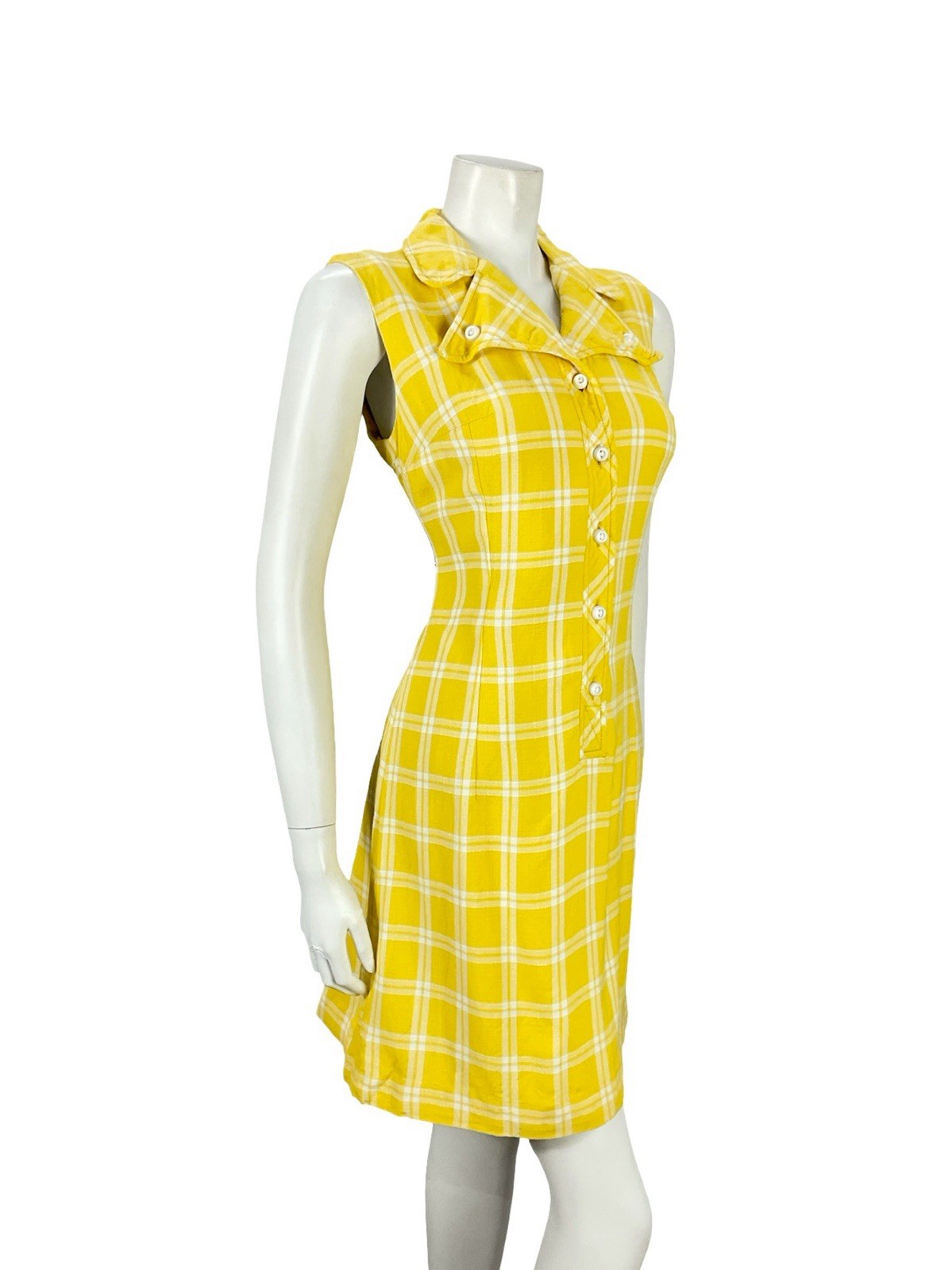 VTG 60S YELLOW WHITE PLAID MOD SHIFT DAGGER NOTCH LAPEL MINI SHIRT DRESS 10