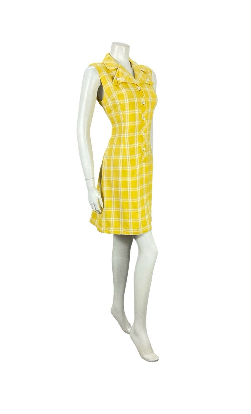 VTG 60S YELLOW WHITE PLAID MOD SHIFT DAGGER NOTCH LAPEL MINI SHIRT DRESS 10