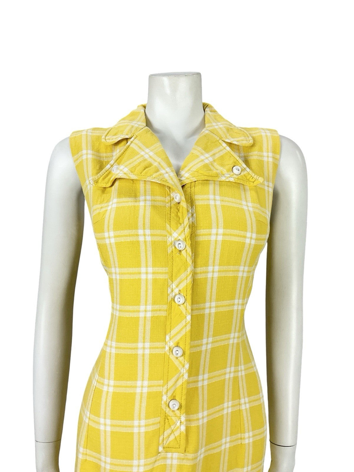 VTG 60S YELLOW WHITE PLAID MOD SHIFT DAGGER NOTCH LAPEL MINI SHIRT DRESS 10