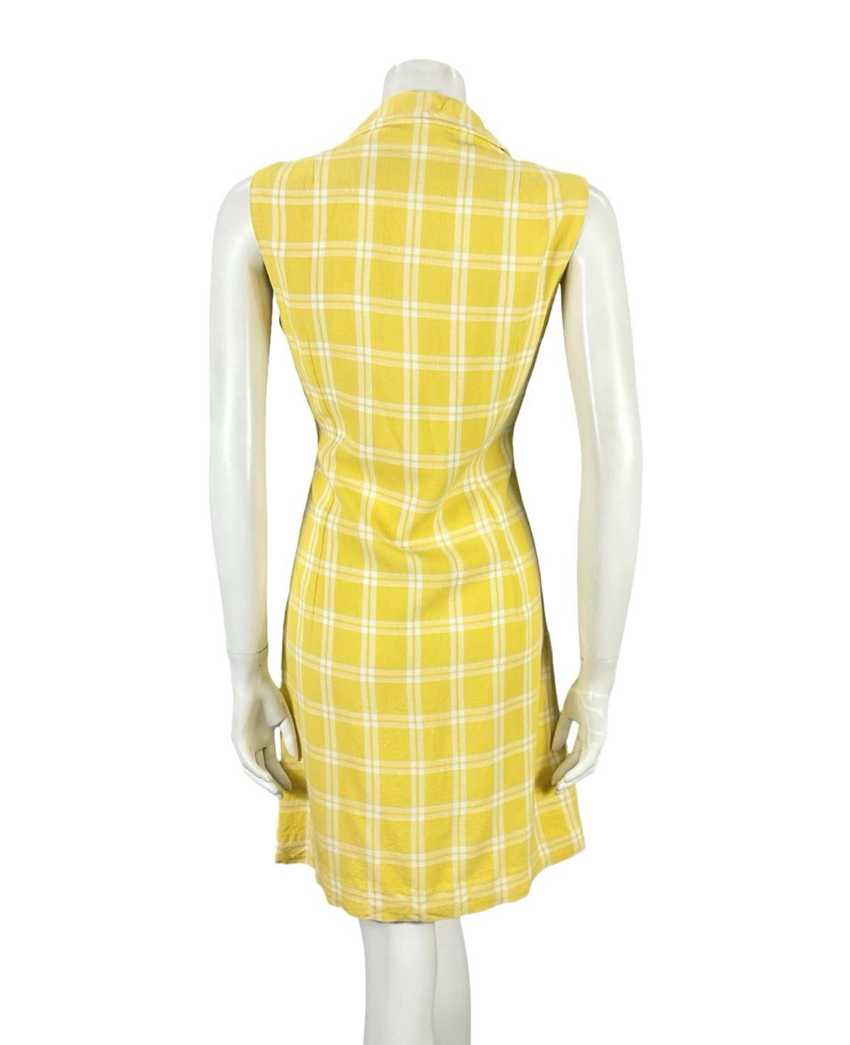 VTG 60S YELLOW WHITE PLAID MOD SHIFT DAGGER NOTCH LAPEL MINI SHIRT DRESS 10