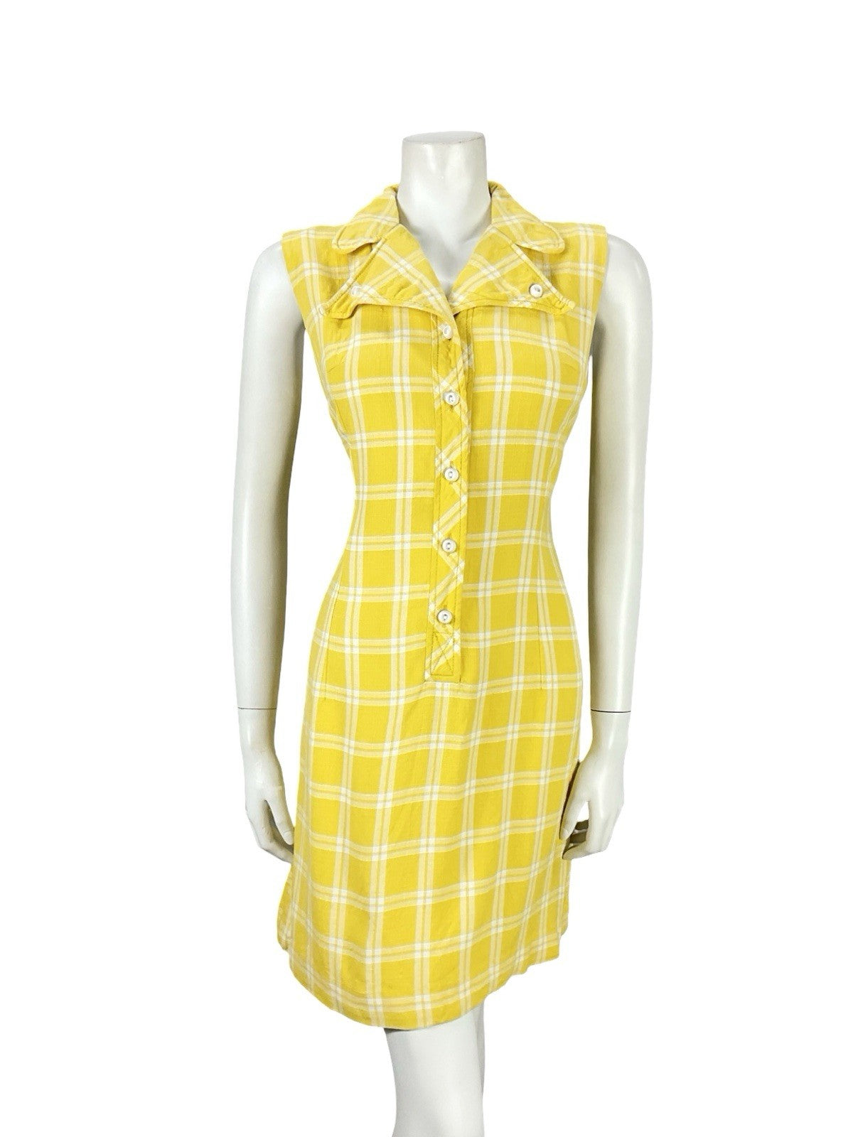 VTG 60S YELLOW WHITE PLAID MOD SHIFT DAGGER NOTCH LAPEL MINI SHIRT DRESS 10
