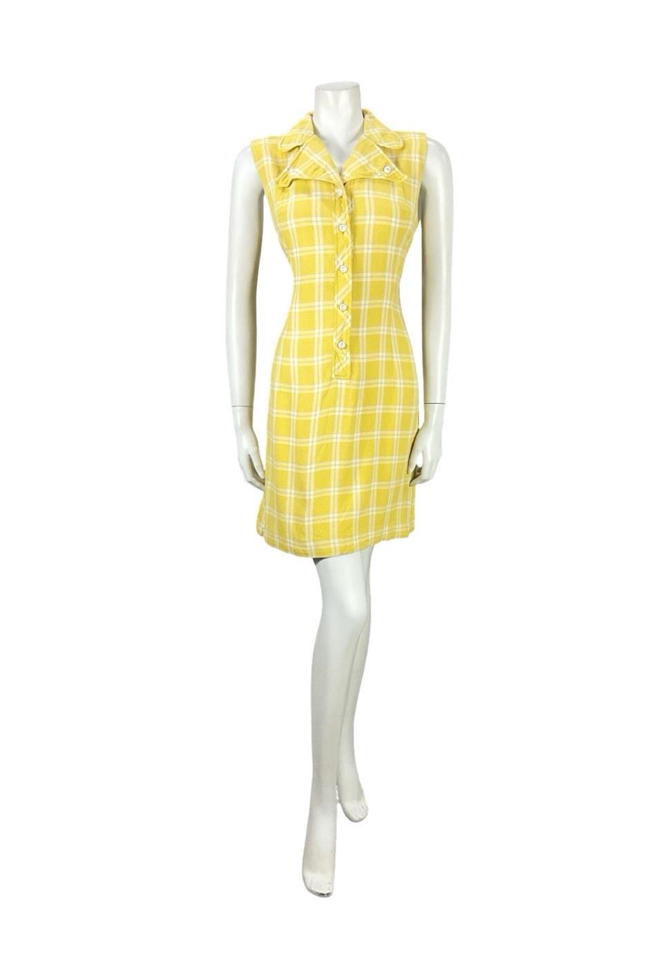 VTG 60S YELLOW WHITE PLAID MOD SHIFT DAGGER NOTCH LAPEL MINI SHIRT DRESS 10