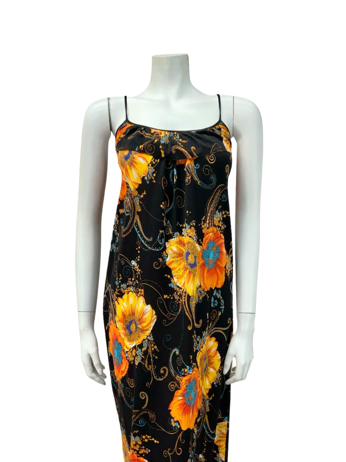 VTG 70S BLACK ORANGE BLUE POPPY PAISLEY RUFFLE PSYCHEDELIC SUN DRESS 10