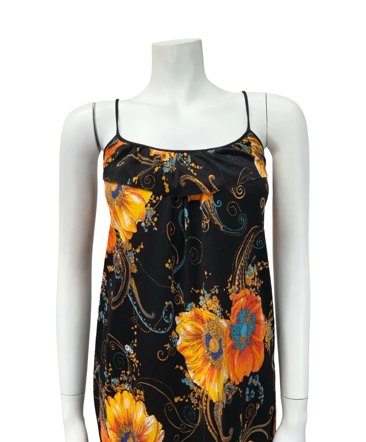VTG 70S BLACK ORANGE BLUE POPPY PAISLEY RUFFLE PSYCHEDELIC SUN DRESS 10