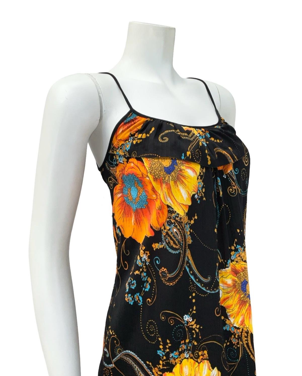 VTG 70S BLACK ORANGE BLUE POPPY PAISLEY RUFFLE PSYCHEDELIC SUN DRESS 10
