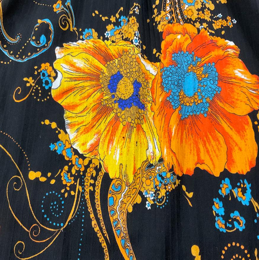 VTG 70S BLACK ORANGE BLUE POPPY PAISLEY RUFFLE PSYCHEDELIC SUN DRESS 10